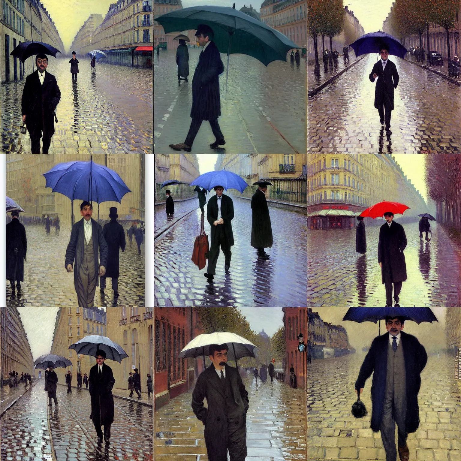 Prompt: mr. bean walks down a parisian street on a rainy day by gustave caillebotte