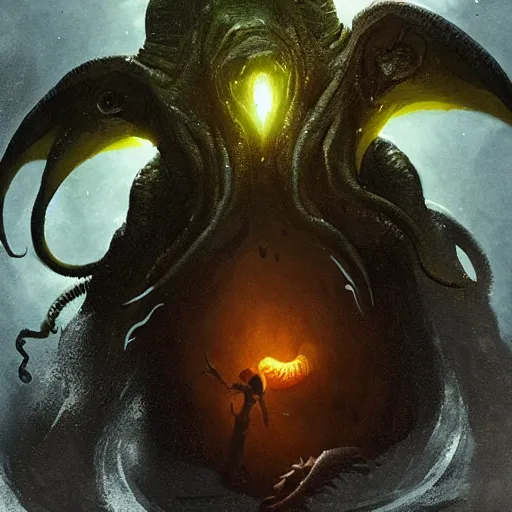 Image similar to a boy confronting cthulhu, by greg rutkowski