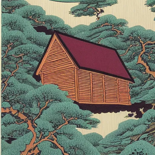 Prompt: a painting of a eerie cabin in the middle of the woods in the style of hokusai