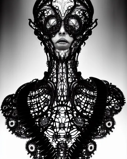 Image similar to surreal dark poetic black and white photo portrait of complex bio-mechanical beautiful young silver female vegetal-cyborg with a Mandelbrot fractal steampunk metal fine lace face, a very long neck and a fine metal floral foliage super big lace collar by Alexander McQueen:: smoke, high fashion, haute couture, rococo, steampunk, silver filigree details, anatomical, facial muscles, cable wires, microchip, elegant, dreamy, foggy atmosphere, hyper realistic, 150 mm lens, soft rim light, octane render, unreal engine, picture was taken in 1910 by Man Ray, volumetric lighting, dramatic light,8k,