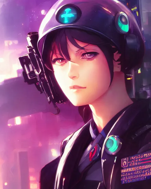 Image similar to anime key visual of elizabeth olzen as a police officer, neon, cyberpunk, futuristic, stunning, highly detailed, digital painting, artstation, smooth, soft focus, illustration, art by artgerm and greg rutkowski and alphonse mucha