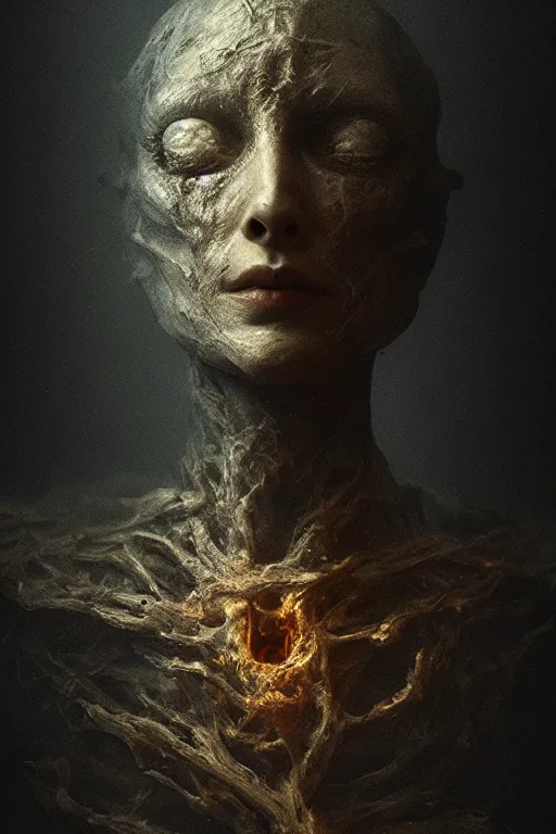 Prompt: portrait of a ghost burning, floating in the darkness space, ancient wood environment, Cinematic lighting, insanely detailed, trending on artstation, golden ratio, concept art by Agesandro de Rodas & Emil Melmoth