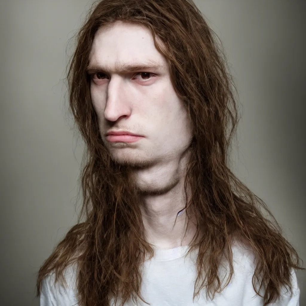 Prompt: high quality close up photo of a pale man with long brown hair with elongated expressionless face slightly large nose small mouth and yellow eyes