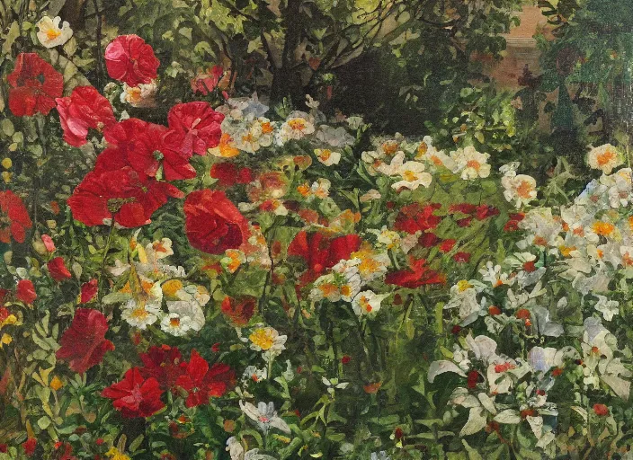 Image similar to a painting of flowers in a garden by juvenal sanso, detailed