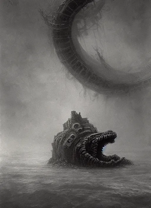 Image similar to a giant lovecraftian sea creature destroying an underwater city by beksinski