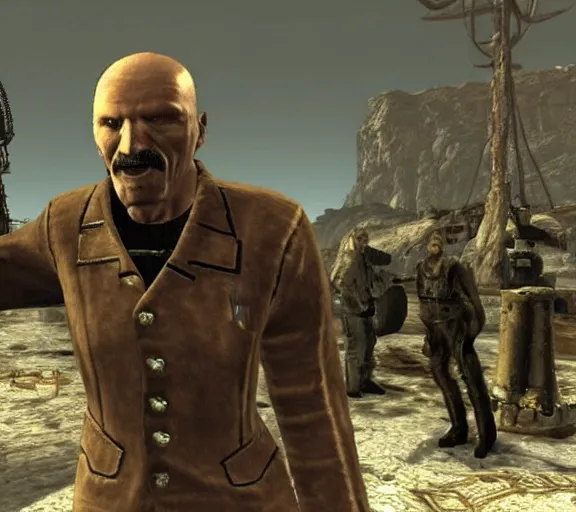 Prompt: Old Janusz Korwin-Mikke in the centre of a screenshot from the game Fallout: New Vegas (2010)