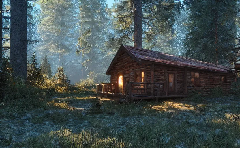 Image similar to biopunk cabin in a photorealistic forest. daylight stars. light fixtures. unreal engine. 8K. detailed. photorealism. artstation. digital render. ultra realistic