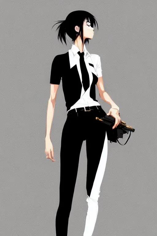 Image similar to a ultradetailed beautiful panting of a stylish woman, she is wearing a white shirt with a tie and black pants, by conrad roset, greg rutkowski and makoto shinkai trending on artstation