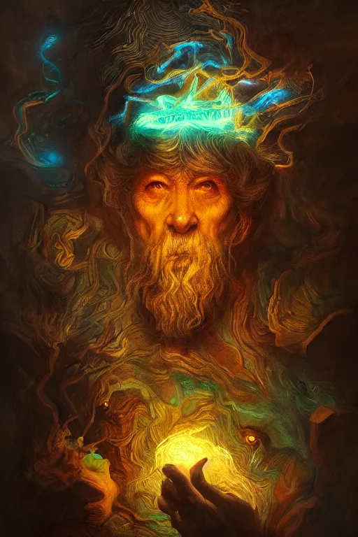 Prompt: electric old gods, painted by frank wu and peter lloyd, trending on artstation, rembrandt lighting front view iridescent colors, chalk art, macro, magic realism, manierism