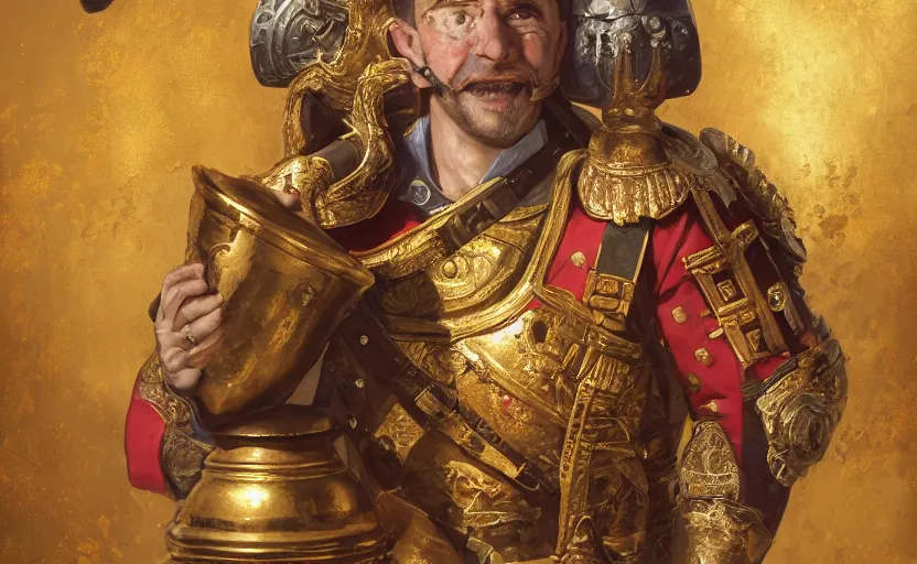 Image similar to smiling spanish conquer soldier francisco pizarro holding golden cup on a inca temple, wide view, high detailed, full perfect, symmetrical portrait, high detail, by craig mullins, peter mohrbacher, unreal engine, octane rendered, 8 k, dark beauty, trending on artstation