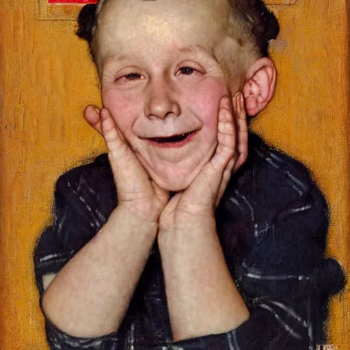 Image similar to a portrait of tzvika pick smiling while doing a peace sign, by norman rockwell