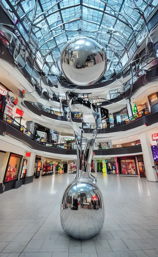 Image similar to photo of a chrome blob in a mallsoft mall, sharp wide shot