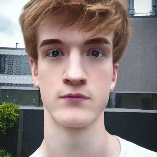 Image similar to “a realistic detailed photo of a guy who is an attractive humanoid who is half robot and half humanoid, who is a male android, twitch streamer Ninja Tyler Blevins, shiny skin, posing like a statue, blank stare, streaming”