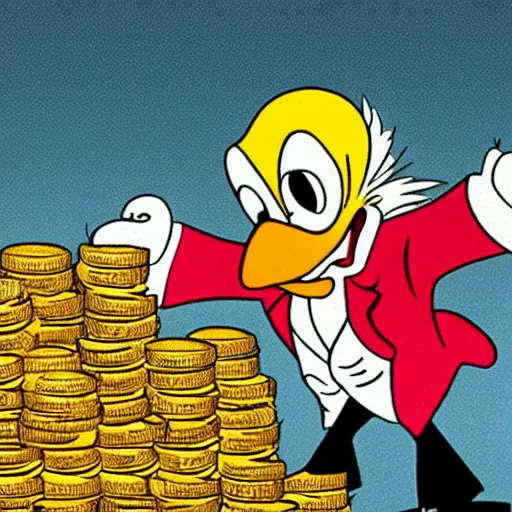 Image similar to scrooge mcduck driving into a pile of gold coins