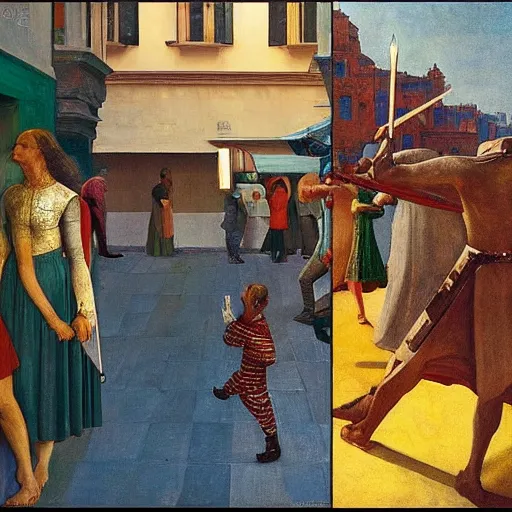 Image similar to a medieval battle in mumbai, hyperrealistic film still by edward hopper, by gottfried helnwein, by klimt, by paolo uccello, art nouveau, highly detailed, strong lights, liminal, eerie, metaphysical, bright pastel colors,