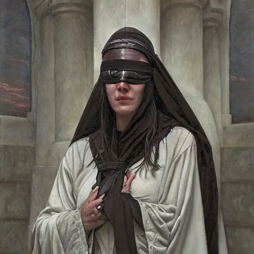 Prompt: portrait of a blindfolded priestess, by gerald brom, donato giancola, and berthold woltze.