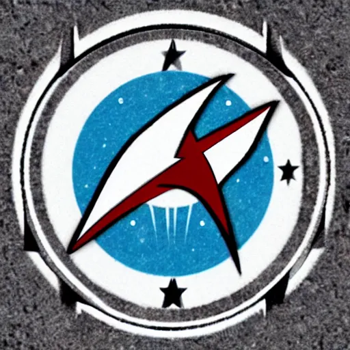 Prompt: Ashtar Command Alien Logo Starfleet visiting planet earth