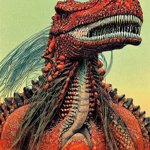 Prompt: a simple centered portrait of a cowboy dinosaur. an award winning yoshitaka amano digital art poster color painting, by james gurney and gerhard richter. art by takato yamamoto. masterpiece, poster colour on canvas.