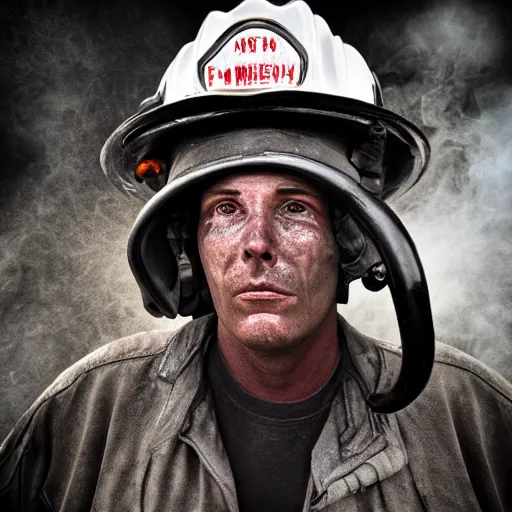 Prompt: tearful firefighter, ultra realistic, smokey