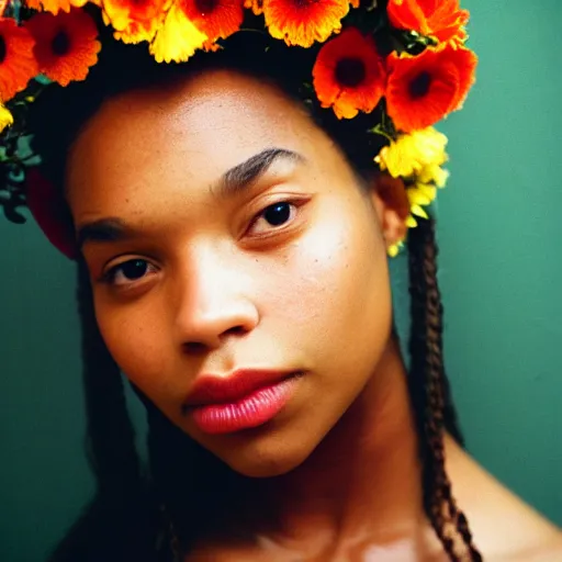 Prompt: extra close-up, color film photography, portrait of a beautiful woman with flowers on her head, in style of Tyler Mitchell, 35mm, film photo