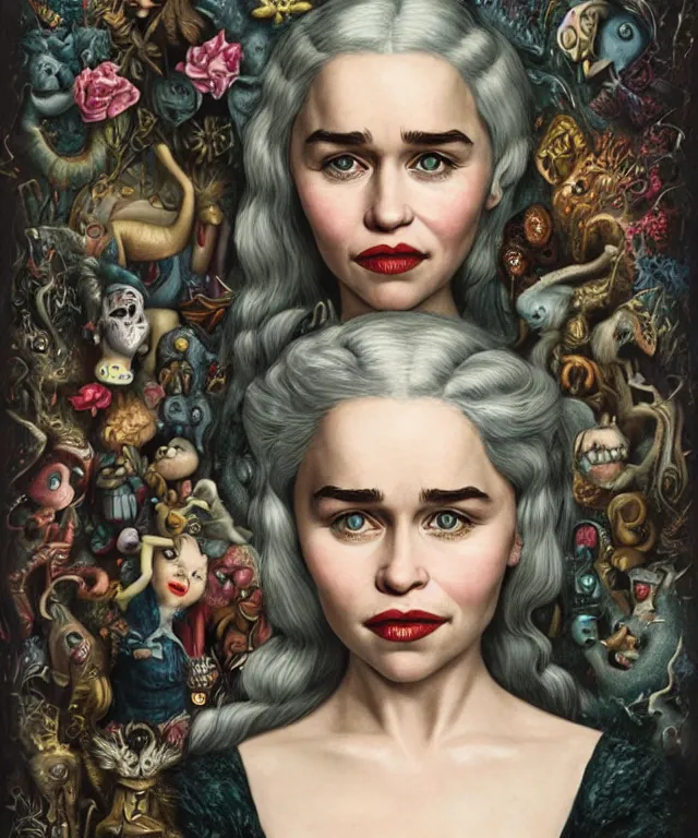 Image similar to portrait of Emilia Clarke in wonderland, lowbrow painting by Mark Ryden