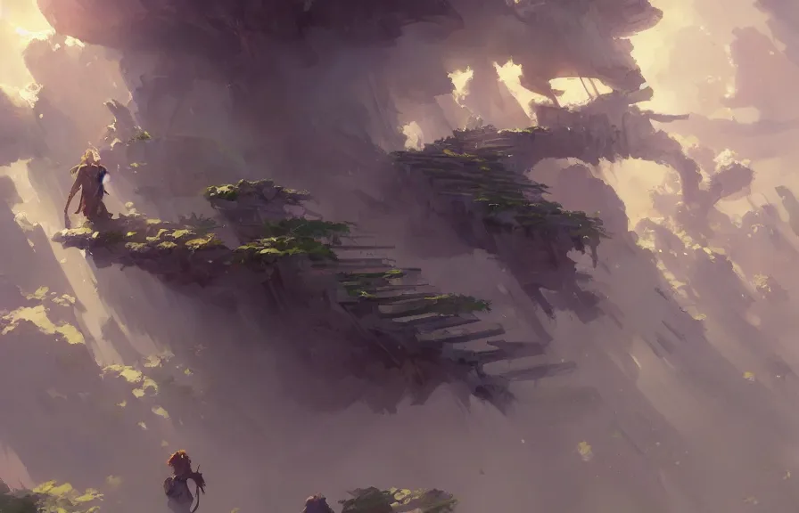 Image similar to greg manchess concept art of a the cloud stairs dimension, key visual, ambient lighting, highly detailed, digital painting, artstation, concept art, sharp focus, by makoto shinkai and akihiko yoshida and hidari and wlop and greg rutkowski