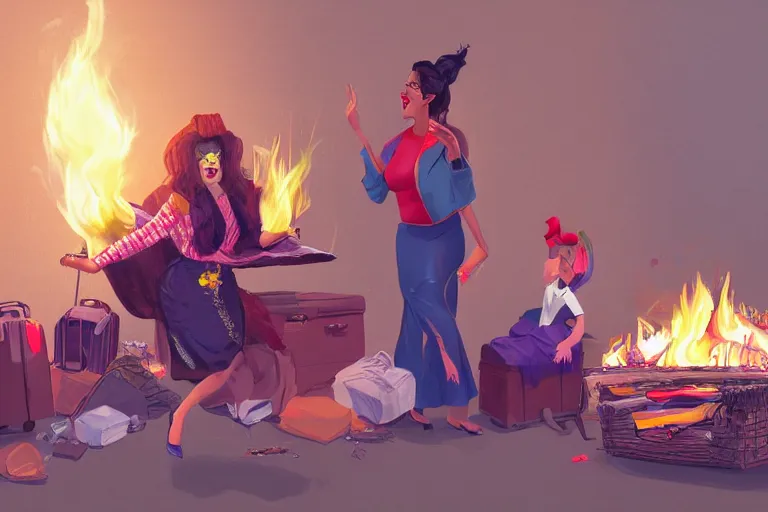 Prompt: a crazy opera singer hurries up to pack daughter's things in suitcase, surrounded with fire, clothes are flying around in room, digital art, trending on artstation, very very realistic