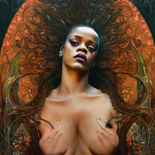 Image similar to rihanna by zdzisław beksinski, iris van herpen, raymond swanland and alphonse mucha. highly detailed, hyper - real, beautiful