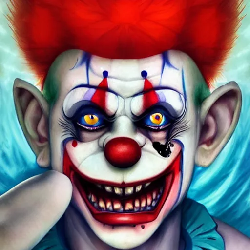 Image similar to 4K headshot of godlike clown with clown nose and defined arms and open hands and bloody clothes with giant mandala wings , intricate runny clown face make-up , flawless anime cel animation by Kentaro Miura, psychedelic , highly detailed upper body , professionally post-processed , beautiful, scary, symmetry accurate features, epic, octane rendered, anime masterpiece, accurate