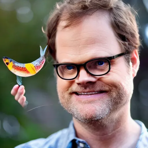 Prompt: proud rainn wilson holding a tiny piece of paper and a fish above his head by rubins