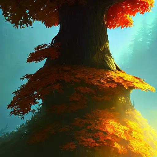 Image similar to a tall old tree with golden leaves, characterized by roman shipunov, etienne hebinger, atey ghailan, cgsociety, cynical realism, fantasy art, 2 d game art