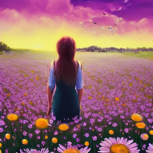 Image similar to full body girl standing in a flower field, her head is hidden behind the huge daisy flower,. surreal photography, sunrise, dramatic light, impressionist painting, colorful clouds, digital painting, artstation, simon stalenhag