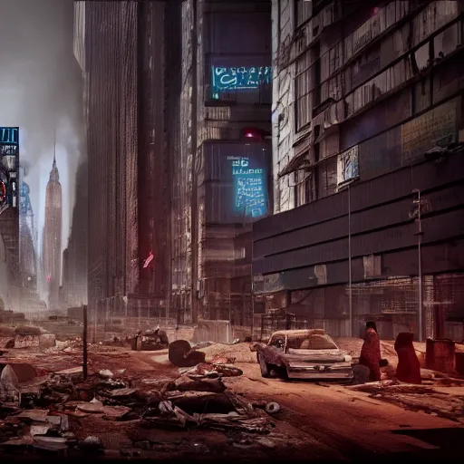 Image similar to photo of new york city as an apocalyptic wasteland, homeless people, cyberpunk style, octane render