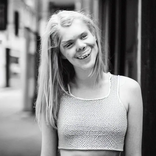 Image similar to Portrait photograph of a Strawberry-Blonde Girl, Young Beautiful Face, Green Eyes, Freckles, Wearing a white crop-top and jeans, with a subtle smile, Humans of New York Style, Leica Camera 50mm lens, street photography, grainy film photo