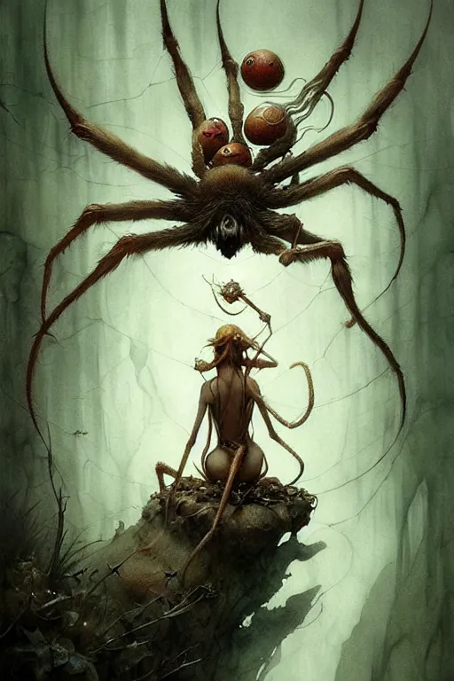 Prompt: elf and spider hubrid | esoteric symbolism | jean - baptiste monge, esao andrews, bastien lecouffe - deharme, tim jacobus, ken currie | ultra - detailed realism, soft cinematic lighting, hi - fructose, artstation, high - quality, ink watercolors wes anderson poster art