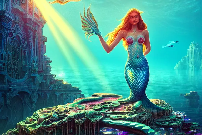 Prompt: a beautiful mermaid looking at the sunken city of Atlantis under water, ray of sunlight, stunning grand architecture, art by Alena Aenami, 8k octane beautifully detailed render, post-processing, extremely hyperdetailed, intricate, epic composition, grim yet sparkling atmosphere, cinematic lighting + masterpiece, trending on artstation, very detailed, vibrant colors, Art Nouveau, volumetric god rays, deep underwater scene, sharp focus, smooth, dizzy, moody