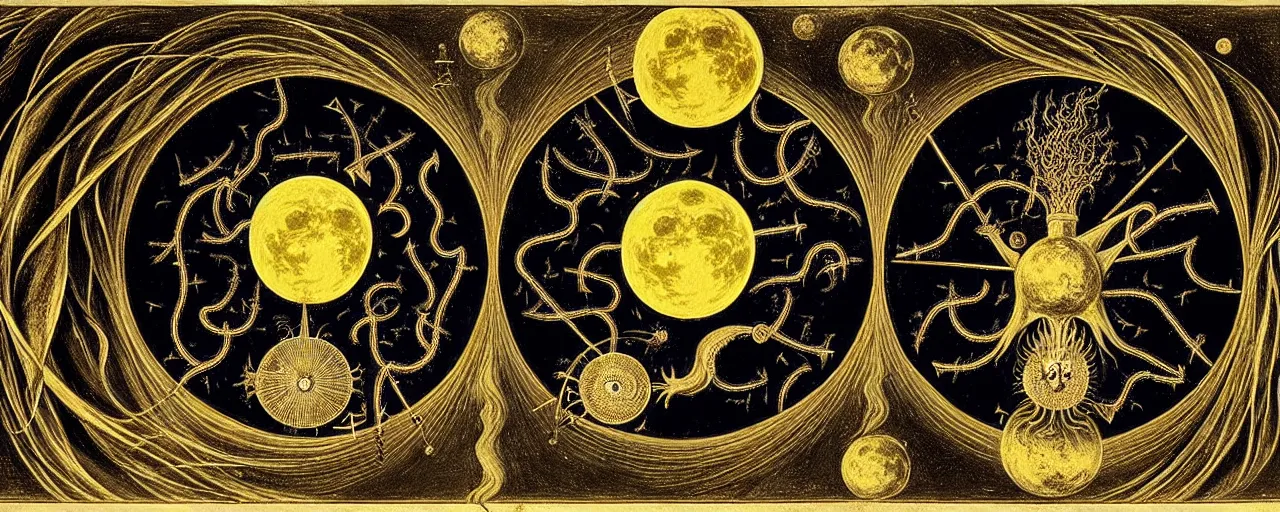 Image similar to a strange alchemical creature with a mouth of gold radiates a unique canto'as above so below'to the moon, while being ignited by the spirit of haeckel and robert fludd, breakthrough is iminent, glory be to the magic within, in honor of saturn, painted by ronny khalil