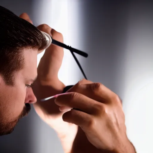 Prompt: a guy trimming his eyebrow while yelling, studio light, 4K