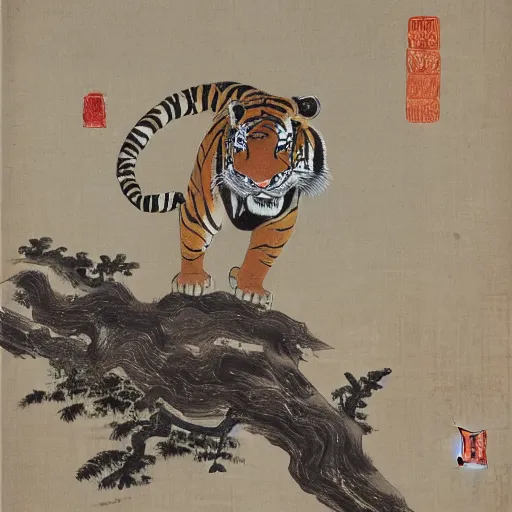 Prompt: a mighty tiger standing on a wooden log over the water, Chinese Art