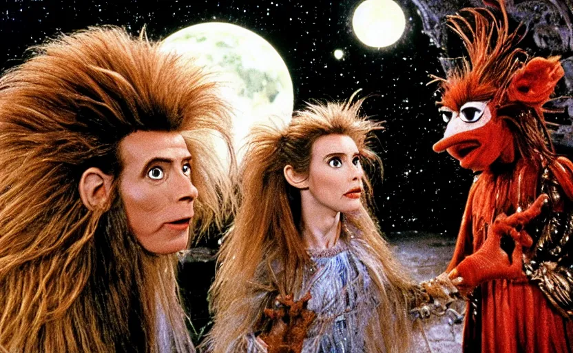 Prompt: movie still from the 1 9 8 8 sequel to labyrinth by jim henson starring david bowie and young jennifer connelly in a maze - like fortress on the moon. whimsical muppets of wondrous alien creatures and humanoid characters. fantasy adventure.