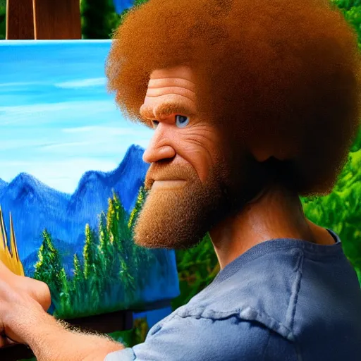 Image similar to a closeup photorealistic photograph of bob ross working on a canvas painting of aquaman. film still. brightly lit scene. mountains and trees. this 4 k hd image is trending on artstation, featured on behance, well - rendered, extra crisp, features intricate detail, epic composition and the style of unreal engine.