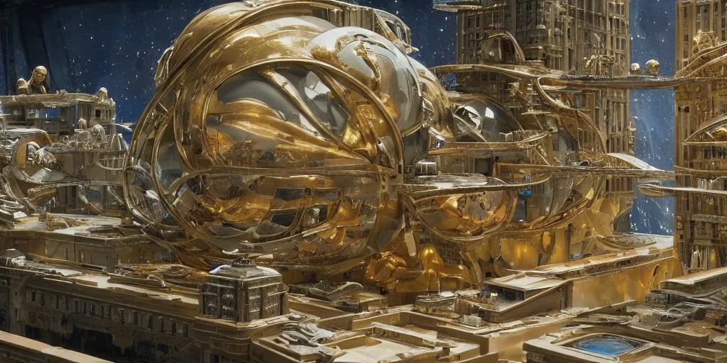 Image similar to Architectural model of a golden era science fiction set painted by James Jean, cinematography by Darren Aronofsky, composition by Fritz Lang