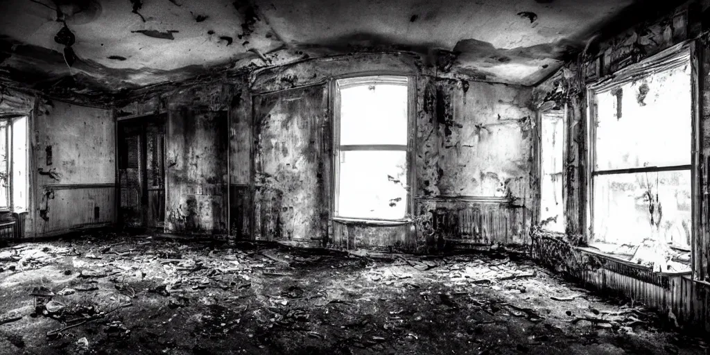 Image similar to a very dark room in a derelict house, black and white, grungy