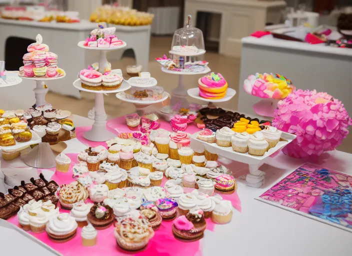 Image similar to a table with a white map full of sweets and cupcakes. highly detailed 8 k. intricate. nikon d 8 5 0 3 0 0 mm. award winning photography.