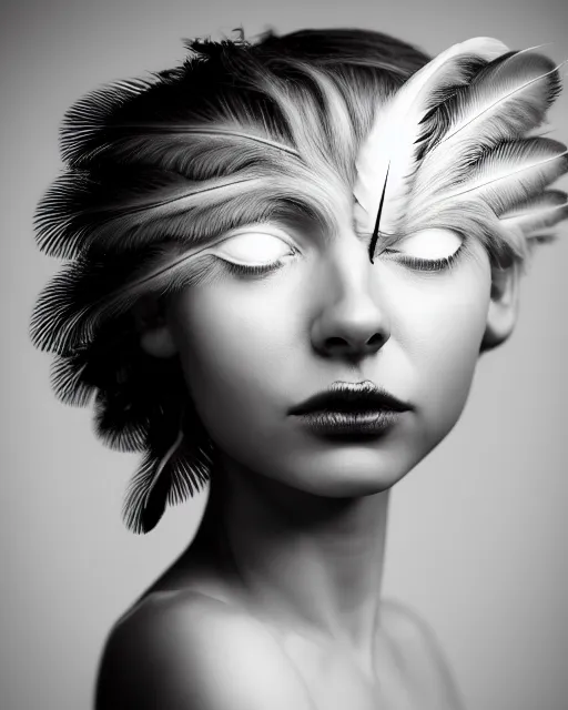 Image similar to surreal mythical dreamy dark artistic black and white fine art 3 / 4 portrait photo of a young delicate mutant female - cyborg - vegetal - orchid - bird with long pale feather hair, rim light, cinematic, studio dramatic light, poetic, octane render, 8 k, photo - realistic