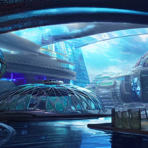 Prompt: undersea domed city, fish swimming past, fantasy, hyper detailed, futuristic, technology, cinematic atmosphere, arnold render, trending on artstation, cgsociety