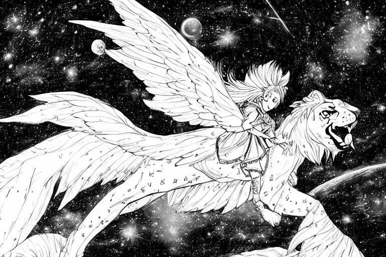 Image similar to angelic majestic winged lioness flying in outer space, stars dotted in background, black and white ink on paper, thick thick thick outlines, 8k high quality detailed manga art, trending on art station and cgsociety, super wide angle, octane, by Eiichiro Oda