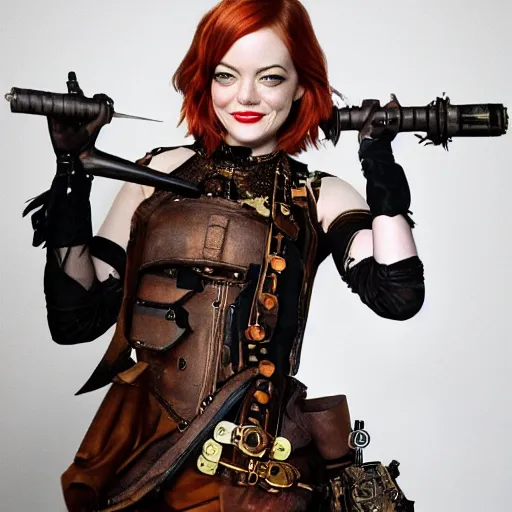 Image similar to full shot photo of emma stone as a steampunk warrior