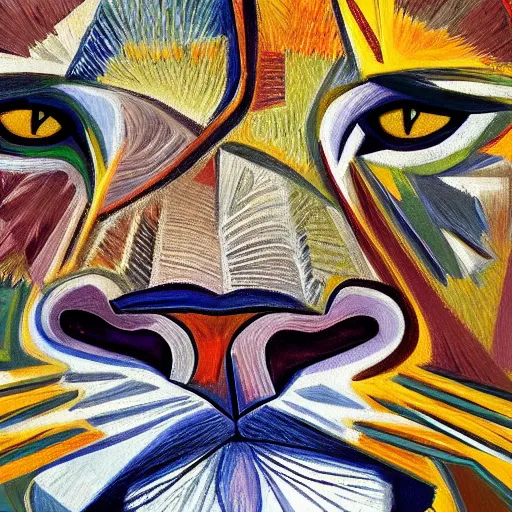 Prompt: Intricate five star Lion portrait by Pablo Picasso, oil on canvas, HDR, high detail, Photo realistic, hyperrealism,matte finish, high contrast, 3d depth, masterpiece, vivid and vibrant colors, enhanced light effect, enhanced eye detail,artstationhd