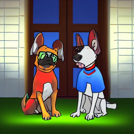 Prompt: A nerd dog and a jock dog standing together in uniform in front of a school, anthro, CalArts cartoon style, volumetric lighting